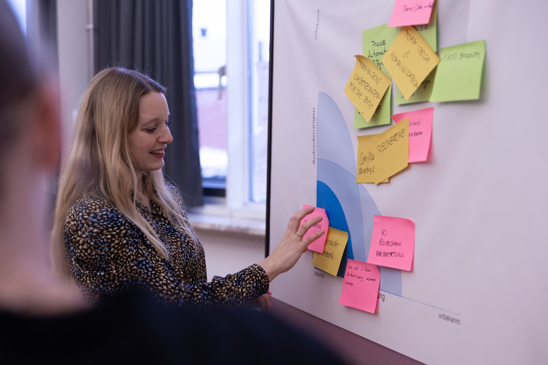 Eine Mitarbeiterin der byte steht von der Seite zum Publikum vor einer Pinnwand mit Post Its